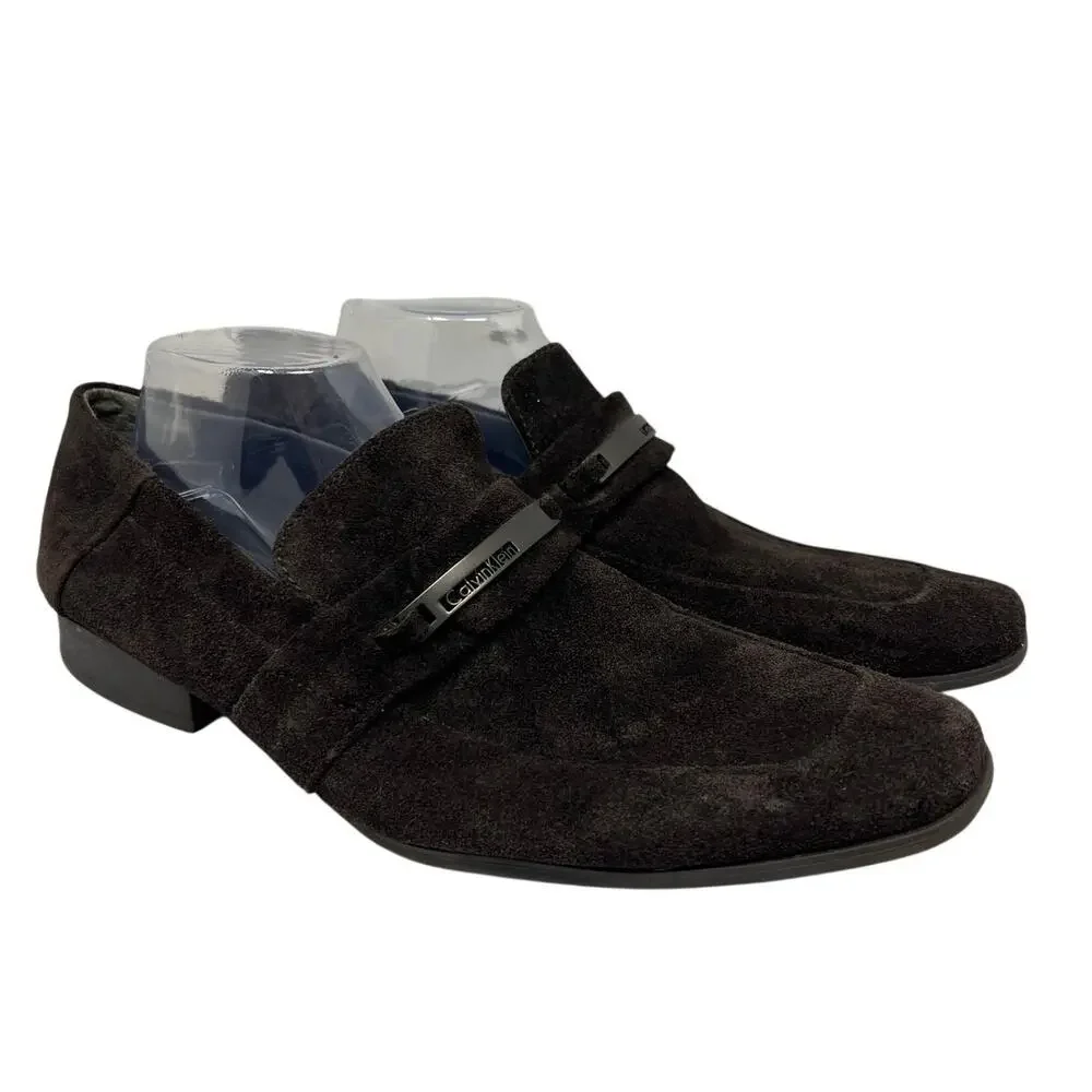 Calvin Klein Men's Brice Suede Slip-on Loafer in Dark Brown w Metal Buckle 9.5